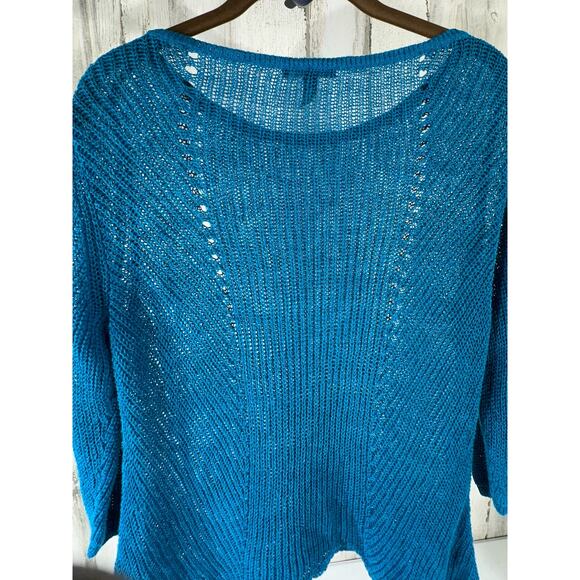 Eileen Fisher Sweater Petite Small 100% Linen Open Knit Teal Blue Asymmetrical - Picture 8 of 9